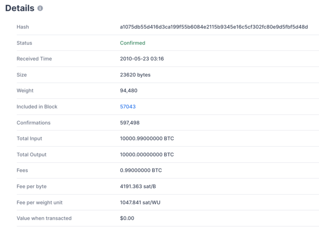 Bitcoin blok gezginindeki örnek işlemin hash, boyut, blok ve ücret ayrıntıları.