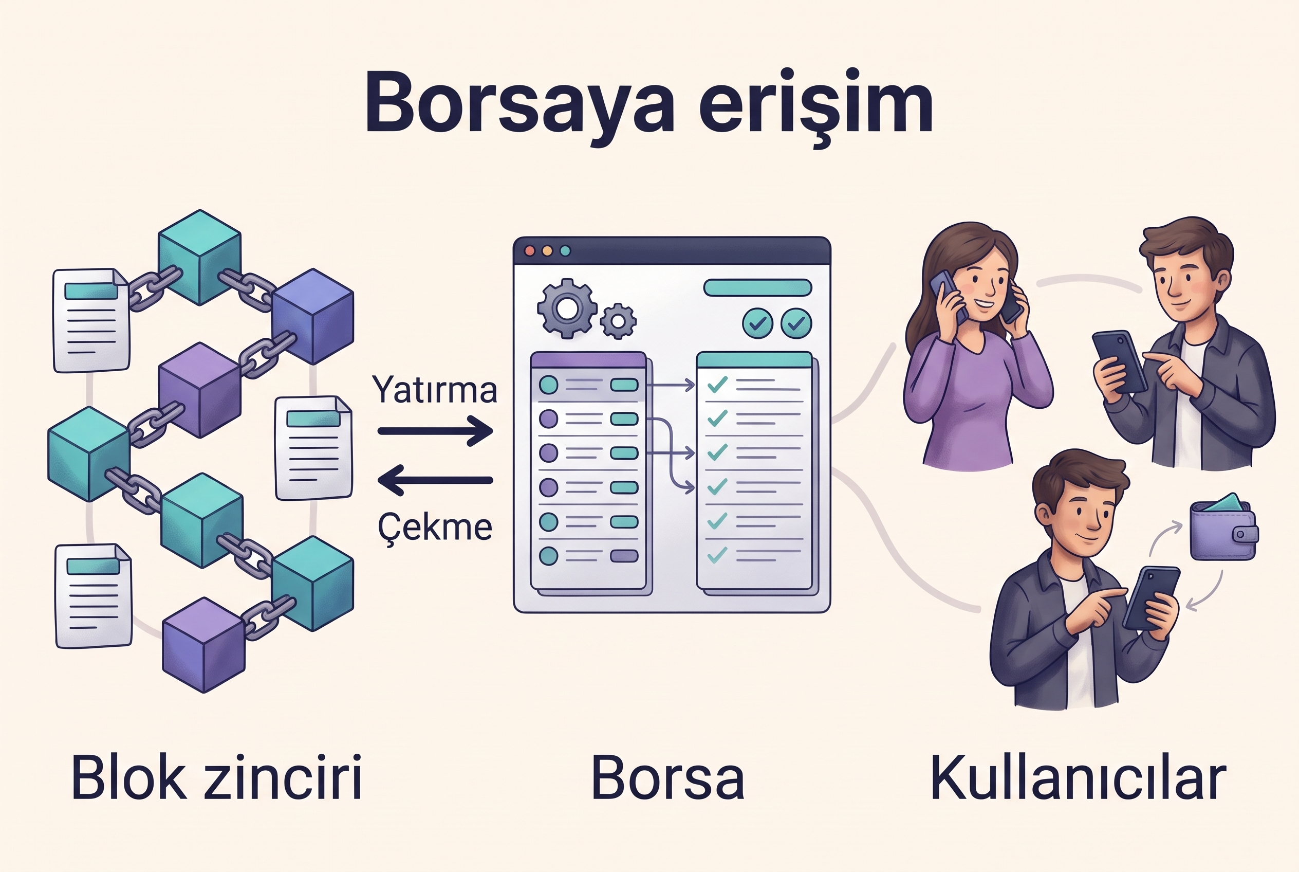 Blok zinciri ile borsa arasındaki yatırma ve çekme bağlantıları üzerinden kullanıcıların erişimi.