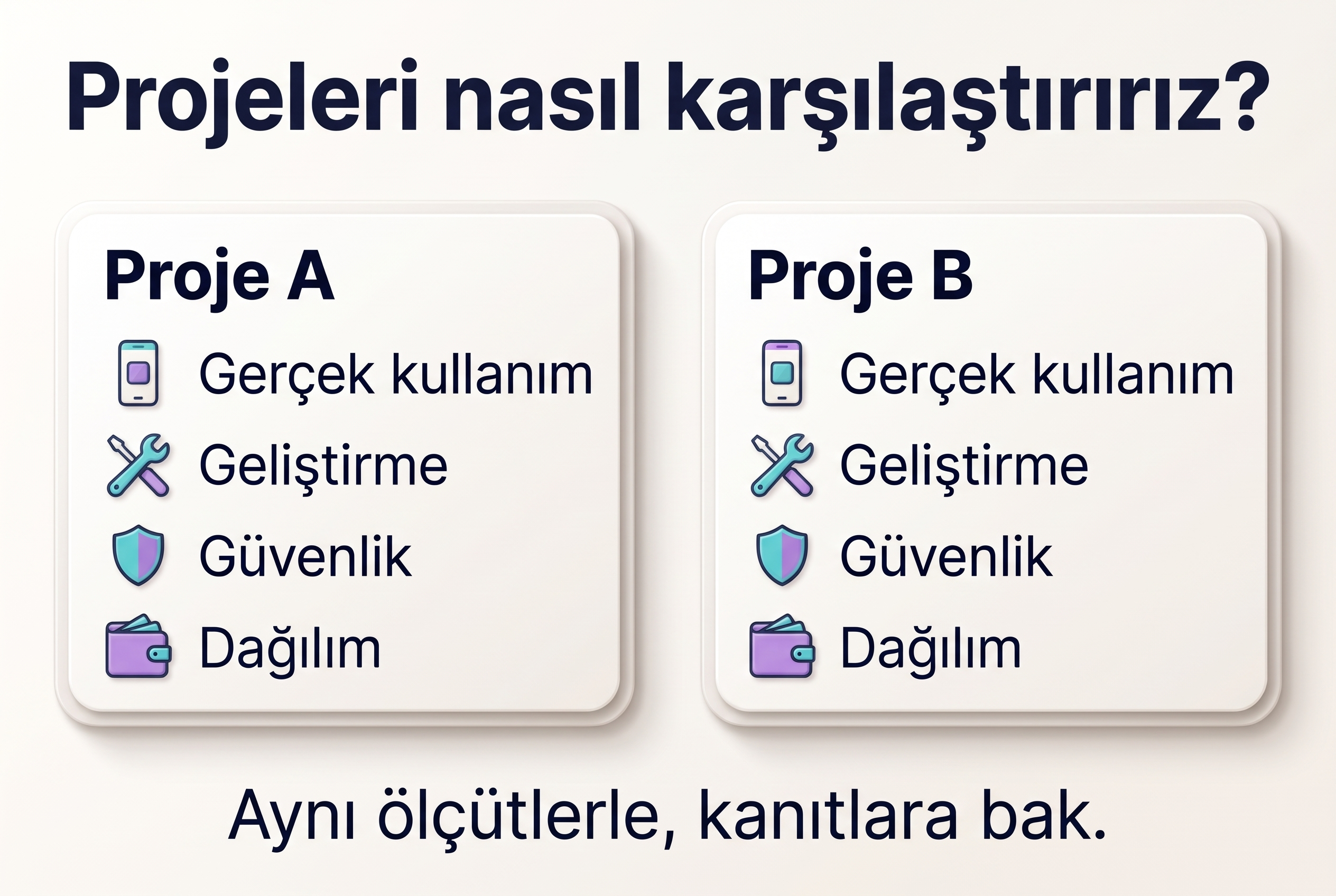 İki varsayımsal kripto projesinin aynı kullanım, geliştirme, güvenlik ve dağılım ölçütleriyle incelenmesi.
